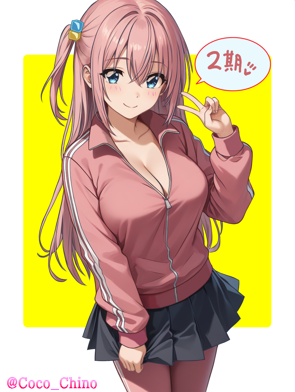 1girl blue_eyes blush bocchi_the_rock! border breasts cleavage closed_mouth coco_chino collarbone cowboy_shot cube_hair_ornament gotoh_hitori grey_skirt hair_between_eyes hair_intakes hair_ornament highres jacket large_breasts long_hair long_sleeves miniskirt outside_border pants pants_under_skirt partially_unzipped pink_hair pink_jacket pink_pants pleated_skirt side_ponytail skirt skirt_tug smile solo speech_bubble standing track_jacket track_pants track_uniform v very_long_hair white_border yellow_background zipper_pull_tab