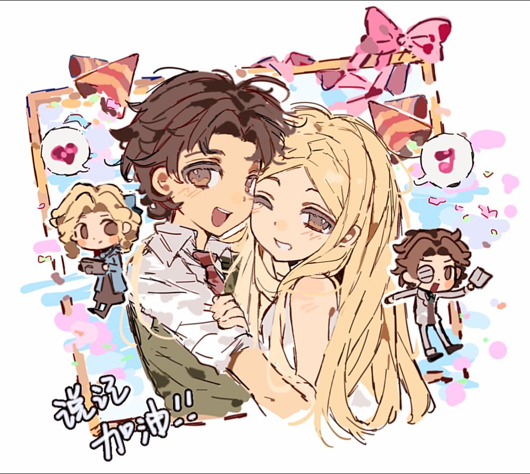 1boy 2girls alice_deross black_dress blonde_hair blue_coat blush_stickers bow brown_hair camisole chibi chinese_commentary closed_mouth coat collared_shirt colored_eyelashes commentary_request curtained_hair dress green_vest grey_jacket grey_pants hand_on_another's_arm heart identity_v jacket long_hair male_focus memory_(identity_v) monocle multiple_girls musical_note necktie open_clothes open_jacket open_mouth orpheus_(identity_v) pants parted_bangs pink_bow red_necktie shirt short_hair sleeves_rolled_up smile speech_bubble spoken_heart spoken_musical_note teeth upper_teeth_only vest white_camisole white_shirt xinjinjumin4931941