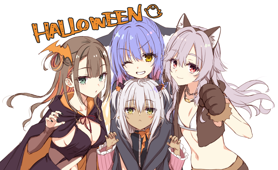 4girls :&lt; alternate_costume animal_ear_fluff animal_ears animal_hands ayachi_nene ayachi_nene_(cosplay) bat_hair_ornament black_cloak black_nails blue_hair blunt_bangs blush_stickers bow bra breasts brown_hair brown_vest center-flap_bangs chain chain_necklace cleavage cloak closed_mouth commentary_request company_connection cosplay dark-skinned_female dark_skin demon_girl demon_horns eyelashes eyes_visible_through_hair fake_animal_ears floating_hair frilled_sleeves frills gloves gradient_hair green_eyes grey_hair grin hair_between_eyes hair_ornament halloween halloween_costume hand_up hands_up horns hug hug_from_behind inaba_meguru inaba_meguru_(cosplay) jewelry kinoshita_kaede kohibari_kurumi long_hair long_sleeves looking_at_viewer medium_breasts multicolored_hair multiple_girls muririn nail_polish navel necklace one_eye_closed one_side_up orange_bow orange_cloak orange_hair paw_gloves paw_pose pink_hair pointy_ears red_eyes red_ribbon ribbon sanoba_witch shiiba_tsumugi shiiba_tsumugi_(cosplay) shiraishi_chika sidelocks simple_background sleeves_past_wrists small_breasts smile stomach streaked_hair tenshi_souzou_re-boot! togakushi_touko togakushi_touko_(cosplay) tsurime two-tone_cloak two_side_up underwear upper_body v-shaped_eyebrows vega_(tenshi_souzou) vest white_background white_bra wolf_ears yellow_eyes yuzu-soft