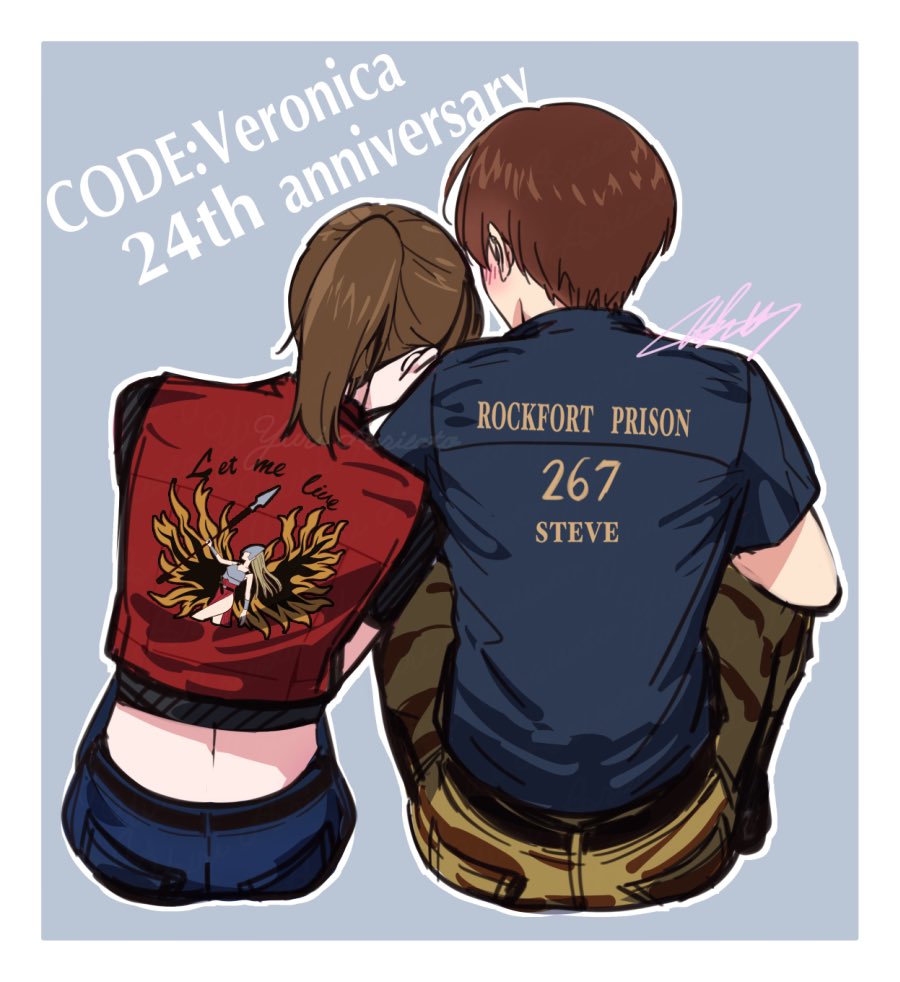 1boy 1girl anniversary back bare_shoulders blue_pants blue_shirt blush brown_hair camouflage camouflage_pants character_name claire_redfield denim english_text head_on_another&#039;s_shoulder high_ponytail jeans looking_at_another mar0maru midriff pants ponytail prison_clothes red_shirt resident_evil resident_evil_-_code:_veronica shirt signature simple_background sitting steve_burnside uniform