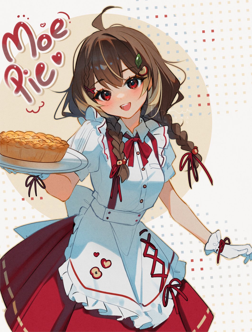 1girl ahoge apple apple_hair_ornament apple_pie apple_print apple_slice apron back_bow blonde_hair bow bowtie braid breast_pocket brown_hair buttons character_name character_request circle collared_shirt commentary commentary_request commission cowboy_shot cross-laced_apron dot_nose english_commentary eyelashes eyeshadow food food-themed_hair_ornament food_print frilled_apron frilled_gloves frills fruit fruit_print german_commentary gloves hair_between_eyes hair_ornament hair_over_shoulder hairclip halftone halftone_background happy highres holding holding_tray hyanna-natsu indie_virtual_youtuber leaf_hair_ornament light_blush long_hair loose_hair_strand makeup miniskirt mixed-language_commentary multicolored_hair open_mouth pie pleated_skirt pocket puffy_short_sleeves puffy_sleeves red_bow red_bowtie red_eyes red_eyeshadow red_ribbon red_skirt ribbon ribbon-trimmed_skirt ribbon_trim second-party_source shirt short_sleeves side_braid skirt smile solo sparkle standing streaked_hair teeth tray twin_braids upper_teeth_only virtual_youtuber white_apron white_background white_bow white_gloves white_shirt wrist_ribbon x_hair_ornament