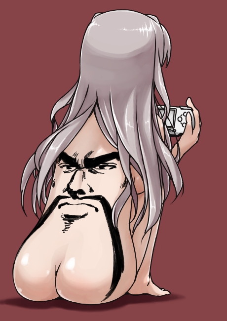 1girl ass back back_tattoo barefoot edajima_heihachi facial_hair female_focus from_behind full_body handheld_game_console idolmaster idolmaster_(classic) long_hair mustache nude playing_games playstation_portable sakigake!!_otokojuku shijou_takane silver_hair simple_background sitting solo tattoo ttomm what