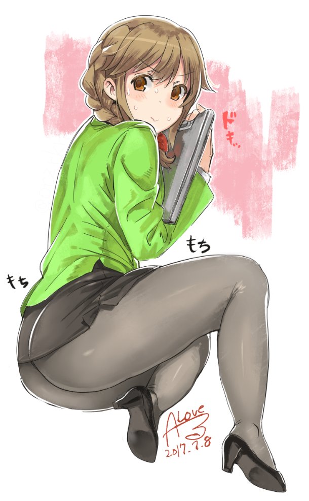 1girl ass black_footwear black_skirt blush braid brown_eyes brown_hair clipboard closed_mouth dated dot_nose formal_clothes from_behind full_body green_jacket grey_pantyhose hair_ornament hair_over_shoulder hair_scrunchie heart_belt high_heels holding holding_clipboard idolmaster idolmaster_cinderella_girls idolmaster_cinderella_girls_starlight_stage jacket long_hair long_sleeves looking_at_viewer looking_back pantyhose pencil_skirt red_scrunchie rkrk scrunchie senkawa_chihiro shy signature single_braid skirt smile solo sweat two-tone_background v-shaped_eyebrows