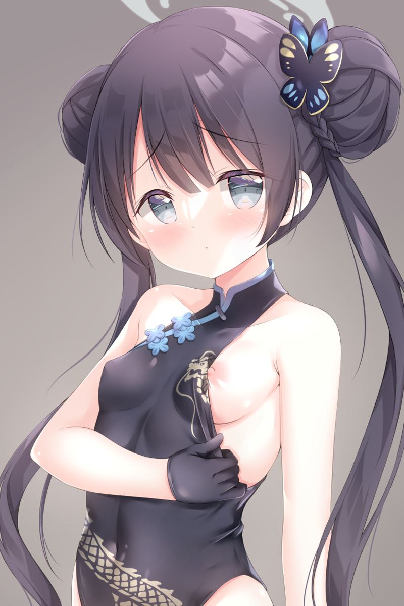 1girl bare_arms bare_shoulders black_dress black_gloves blue_archive blue_flower blush braid braided_bun breasts butterfly_hair_ornament closed_mouth commentary_request covered_navel double_bun dress flashing flower gloves grey_background grey_eyes hair_bun hair_ornament halo highres kisaki_(blue_archive) long_hair nipples one_breast_out oppai_challenge renew_vivi simple_background sleeveless sleeveless_dress small_breasts solo twintails upper_body very_long_hair