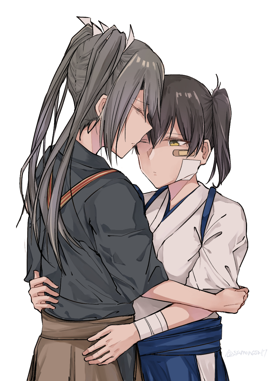 2girls bandaged_wrist bandages bandaid bandaid_on_face blue_hakama brown_hakama closed_eyes grey_hair hair_ribbon hakama hakama_skirt highres hug japanese_clothes kaga_(kancolle) kantai_collection long_hair multiple_girls one_eye_closed ribbon samonasu17 short_sidetail side_ponytail skirt tasuki twintails white_ribbon yuri zuikaku_(kancolle) zuikaku_kai_ni_(kancolle)