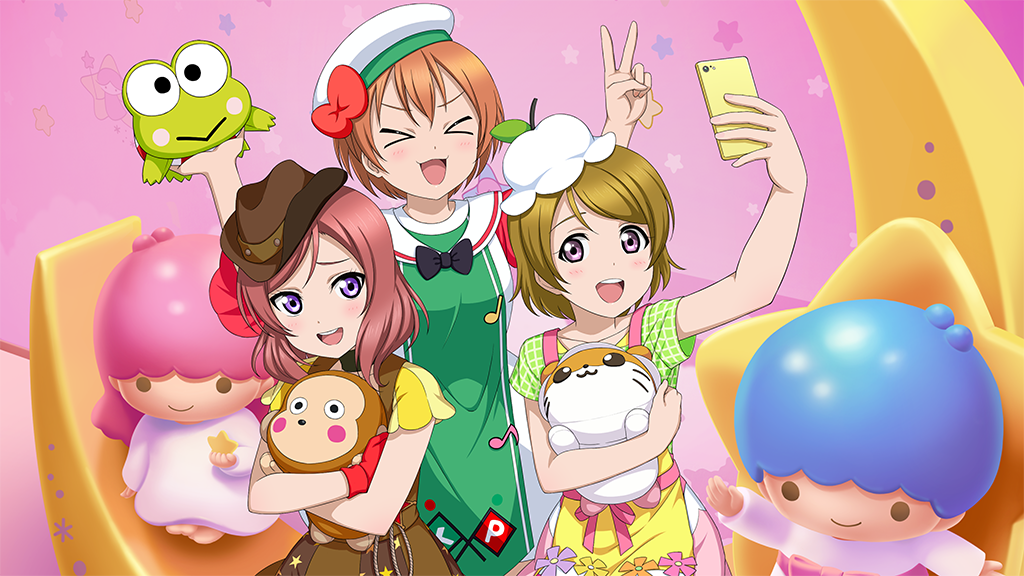 &gt;_&lt; 3girls :d anime_coloring blush brown_dress brown_hat cellphone character_doll collarbone corocorokuririn cowboy_hat cowboy_shot crossover doll dress eighth_note figure frog green_dress hamster hand_up hands_up hasunoue_keroppi hat holding holding_doll holding_phone holding_stuffed_toy hoshizora_rin hugging_doll hugging_object kero_kero_keroppi kiki_(little_twin_stars) lala_(little_twin_stars) little_twin_stars looking_at_another looking_at_object looking_at_phone looking_to_the_side love_live! love_live!_school_idol_project medium_hair monkey monkichi_(sanrio) multiple_girls musical_note neck_ribbon nesoberi nishikino_maki official_art open_mouth orange_hair phone puchiguru_love_live! purple_eyes quarter_note raised_inner_eyebrows red_hair ribbon sanrio selfie shirt short_hair sitting smartphone smile star_(symbol) string stuffed_animal stuffed_toy teeth upper_body upper_teeth_only v v-shaped_eyebrows white_hat