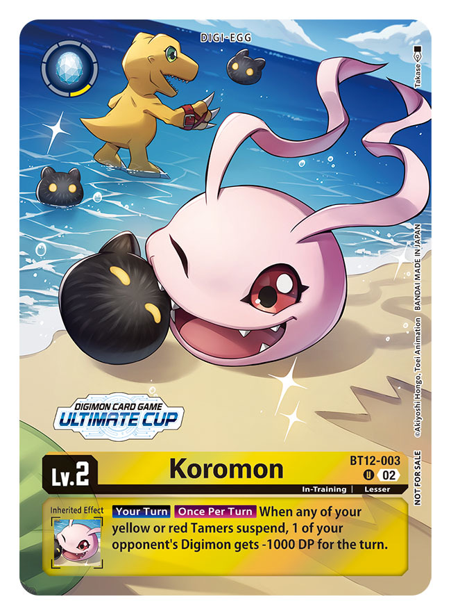 agumon_(digimon_savers) artist_name beach botamon card_(medium) character_name commentary_request copyright_name digimon digimon_(creature) digimon_card_game evolutionary_line koromon lizard ocean official_art red_eyes takase_(takase1214) trading_card translation_request