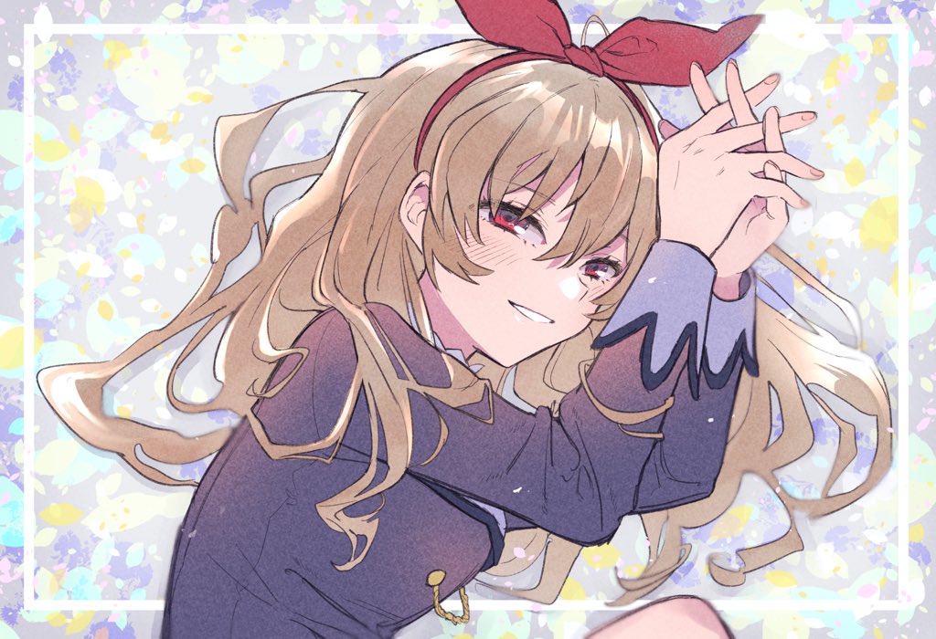 1girl :d aikatsu! aikatsu!_(series) bad_id bad_twitter_id blonde_hair blue_jacket blush hair_between_eyes hands_up hoshimiya_ichigo interlocked_fingers jacket long_hair long_sleeves looking_at_viewer lying neck_ribbon on_side open_mouth own_hands_together red_eyes red_ribbon ribbon school_uniform shiontaso shirt smile solo starlight_academy_school_uniform upper_body white_shirt