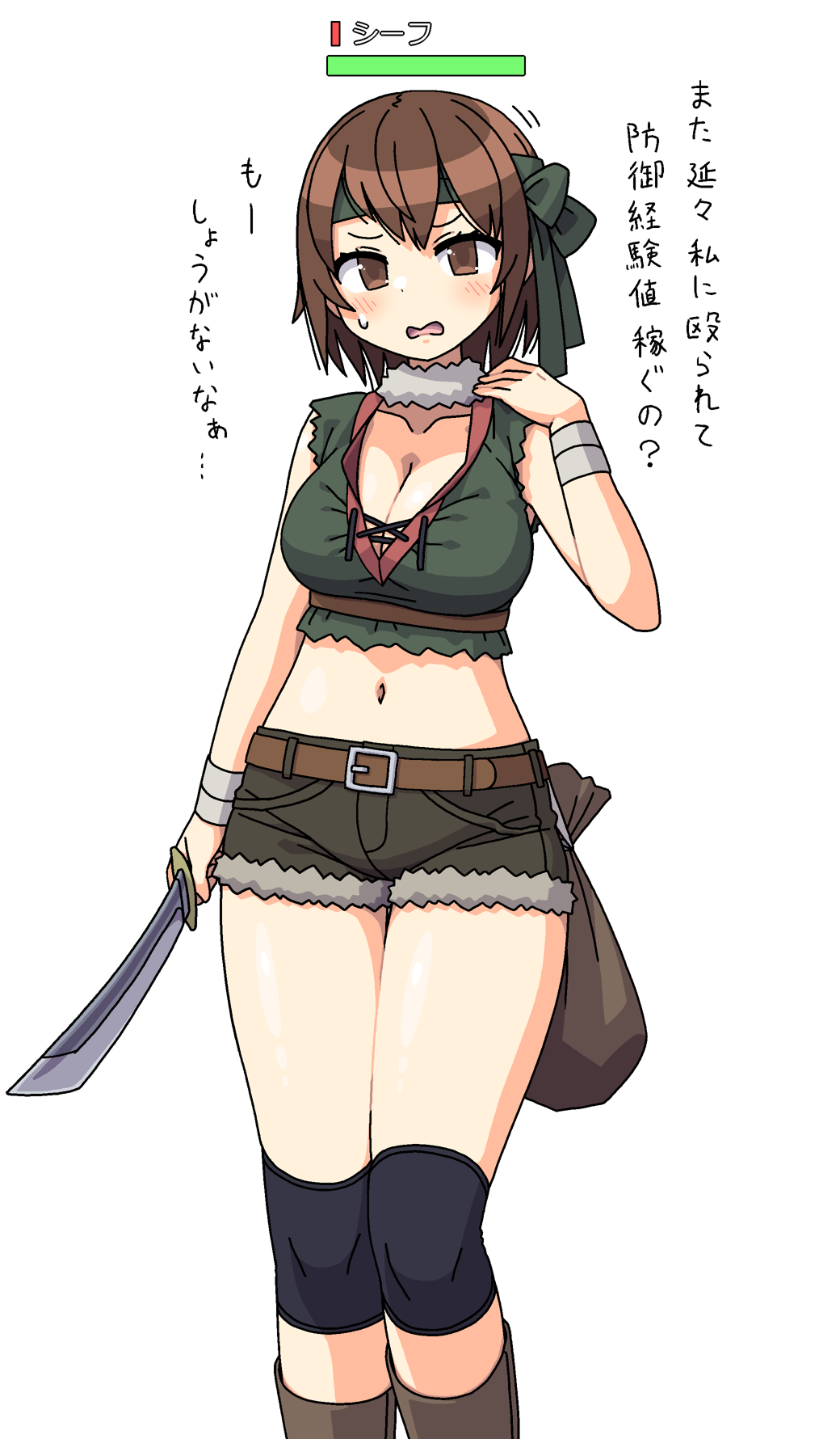 1girl blush breasts brown_eyes brown_hair cleavage crop_top green_headband headband health_bar highres holding holding_sword holding_weapon large_breasts maruput medium_hair midriff navel original short_shorts shorts solo sweatdrop sword thighs translation_request weapon