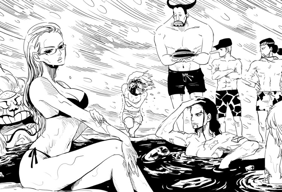 1girl 6+boys bikini blueno cold commentary_request danada0309 facial_hair fukurou_(one_piece) glasses goatee greyscale hair_slicked_back hat jabra_(one_piece) kaku_(one_piece) kalifa_(one_piece) korean_commentary kumadori_(one_piece) long_hair long_nose looking_at_viewer mask monochrome multiple_boys one_piece ponytail rob_lucci scar scar_on_chest short_hair shorts spandam swimsuit topless_male wind
