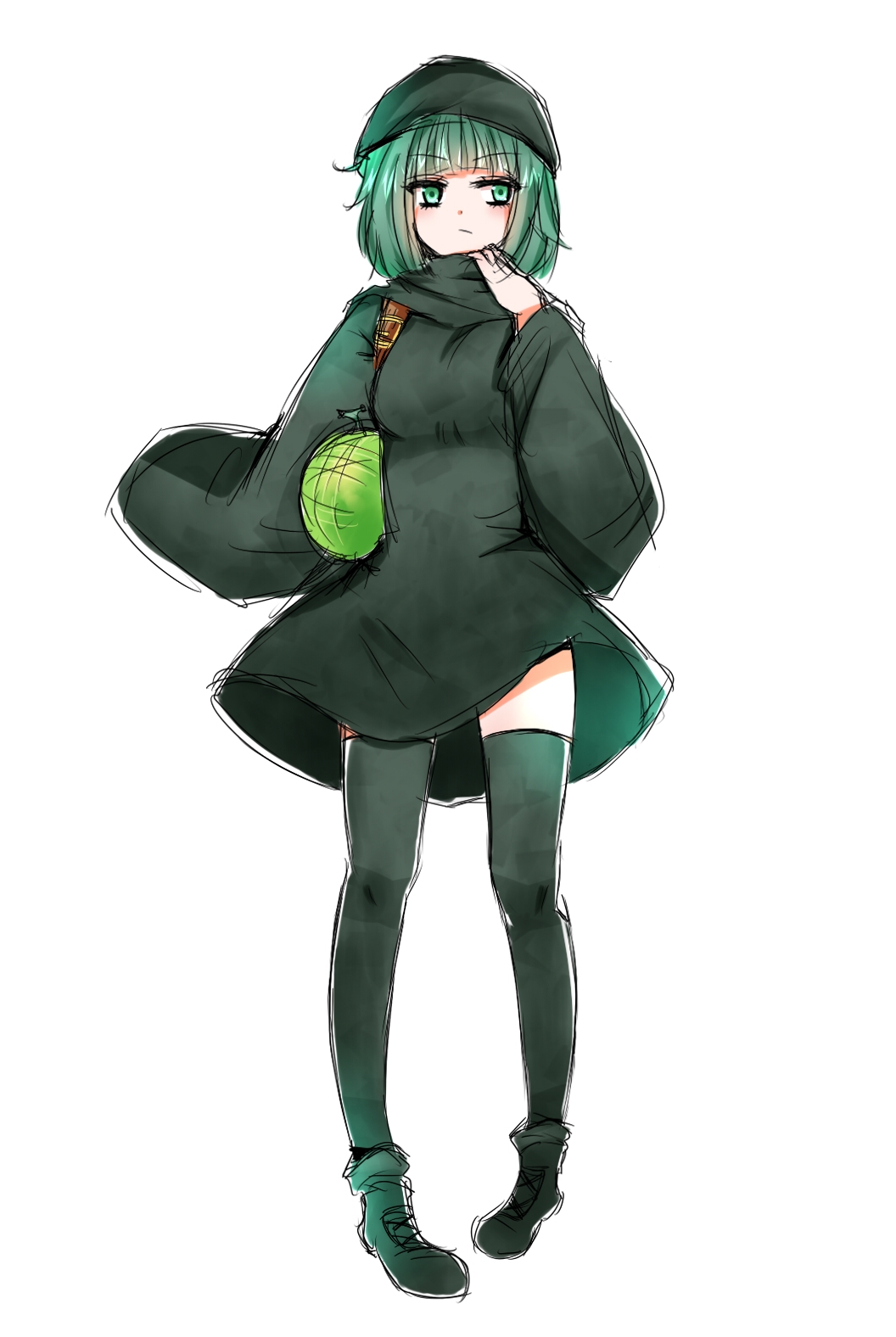 1girl aqua_eyes aqua_hair bad_id bad_pixiv_id black_thighhighs female_focus food fruit full_body highres holster isis-chan long_sleeves melon original shoes short_hair shoulder_holster simple_background solo tedty33 thighhighs white_background zettai_ryouiki