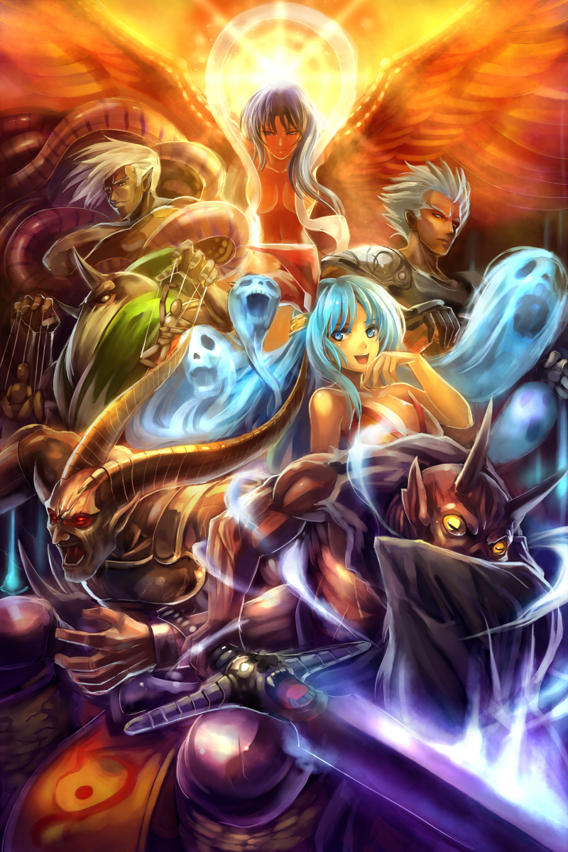 2boys 2girls blue_eyes blue_hair bokuohn canon_genderswap dantarg edobox genderswap genderswap_(mtf) highres horns kujinshi long_hair multiple_boys multiple_girls noel_(romancing_saga_2) noel_(saga) open_mouth pointy_ears puppet red_eyes rocbouquet rocbouquet_(saga) romancing_saga_2 saga short_hair square_enix subier sword the_seven_heroes wagnas weapon white_hair wings