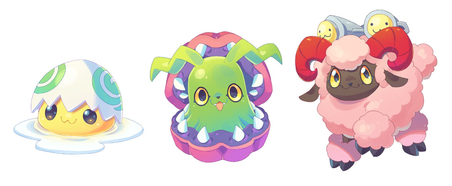 digimon digimon_(creature) egg fangs highres horns open_mouth shakomon sharp_teeth sheepmon teeth yolkmon