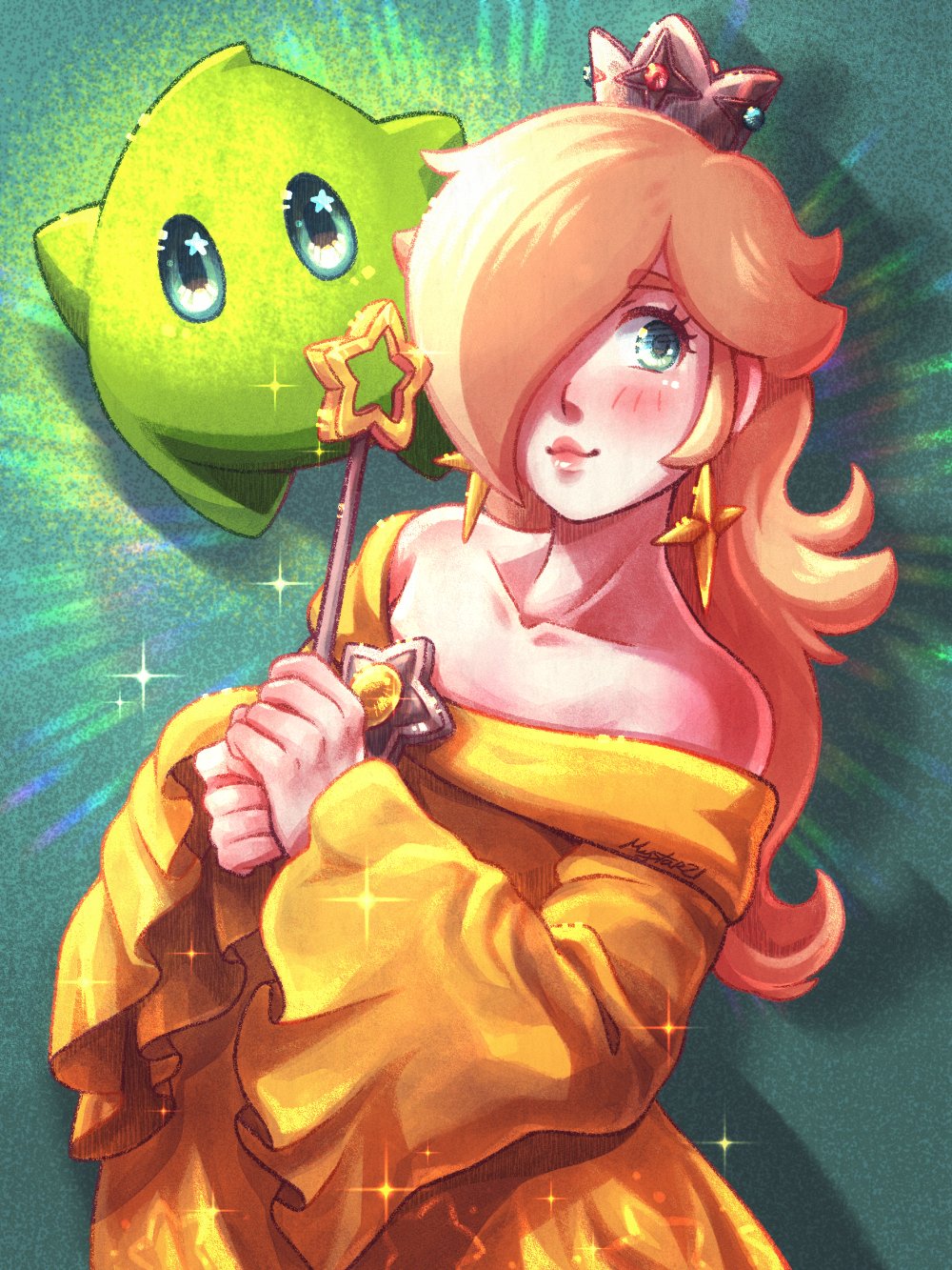 1girl alternate_costume bare_shoulders blonde_hair blue_eyes blush closed_mouth collarbone commentary crown dress earrings english_commentary gold_dress hair_over_one_eye highres holding holding_wand jewelry lips long_dress long_hair long_sleeves looking_at_viewer looking_to_the_side luma_(mario) mario_(series) mystar21 nintendo off_shoulder official_alternate_costume one_eye_covered pale_skin rosalina simple_background smile sparkle star_(symbol) star_earrings star_wand super_mario_galaxy wand