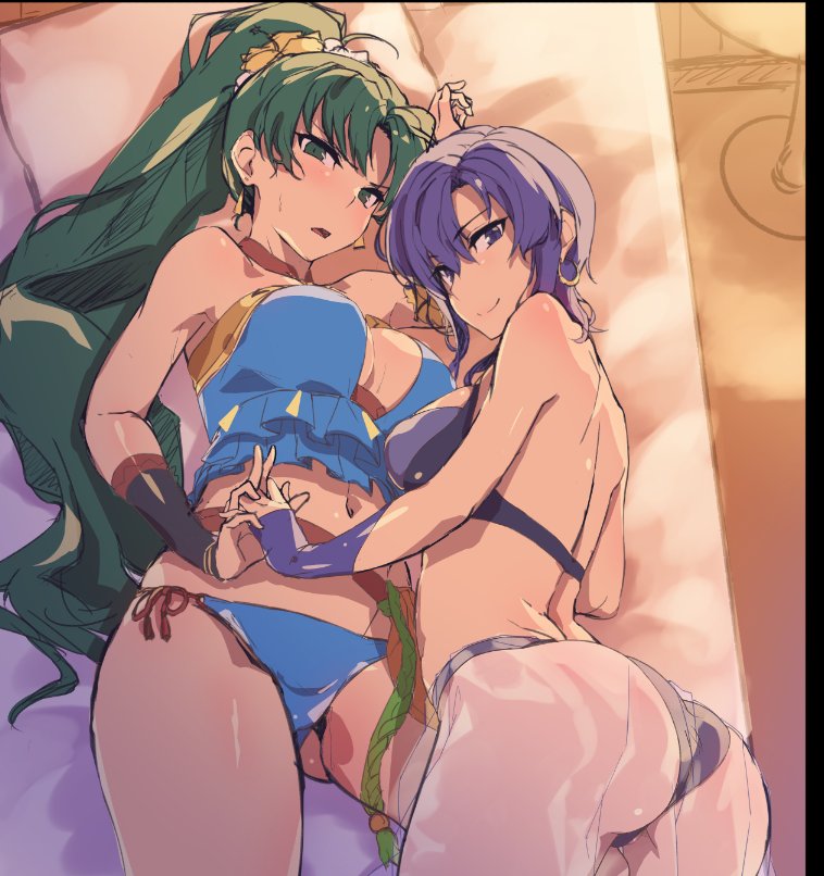 2girls ass bikini black_bikini blue_bikini blush breasts cleavage closed_mouth earrings fire_emblem fire_emblem:_the_blazing_blade fire_emblem_heroes green_eyes green_hair holding_hands jewelry large_breasts long_hair looking_at_viewer lyn_(fire_emblem) lyn_(lady_of_the_beach)_(fire_emblem) medium_breasts multiple_girls navel nintendo official_alternate_costume open_mouth ponytail purple_hair sajittari sarong short_hair side-tie_bikini_bottom smile swimsuit thighs ursula_(fire_emblem) ursula_(summer)_(fire_emblem) very_long_hair