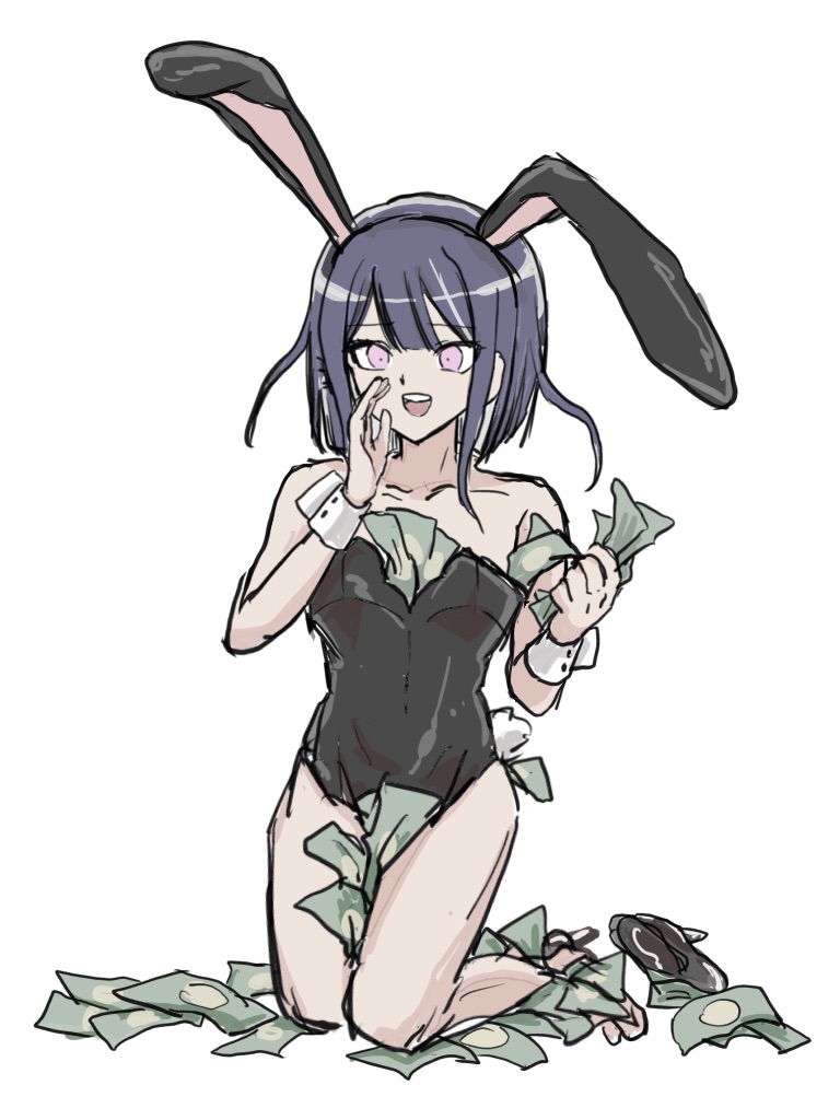 1boy animal_ear_hairband animal_ears collarbone crossdressing crossdressing_(mtf) fake_animal_ears full_body hairband hand_up holding holding_money kneeling leotard long_hair male_focus male_playboy_bunny money open_mouth pink_eyes playboy_bunny purple_hair rabbit_ear_hairband rabbit_ears rabbit_tail simple_background solo solo_focus teeth the_hundred_line_-last_defense_academy- tsukumo_ima tucked_money upper_teeth_only white_background