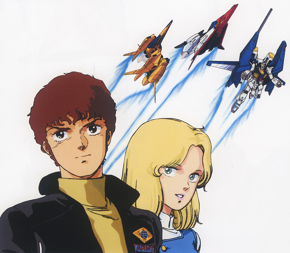 1boy 1girl amuro_ray beltorchika_irma blonde_hair blue_eyes commentary emblem english_commentary flying grin gundam gundam_mk_ii jacket key_visual kitazume_hiroyuki looking_at_viewer mecha methuss mobile_suit official_art promotional_art retro_artstyle robot roundel scan science_fiction serious smile spacecraft starfighter super_gundam thrusters traditional_media upper_body wave_rider zeta_gundam zeta_gundam_(mobile_suit)