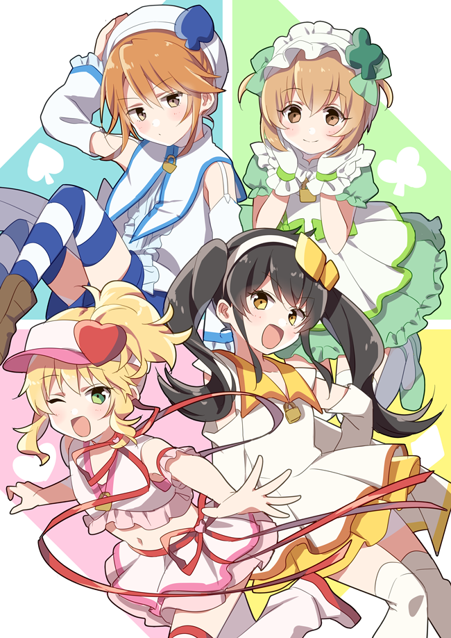 4girls amulet_clover amulet_dia amulet_heart amulet_spade apron black_hair blonde_hair blue_legwear blue_shorts bow brown_eyes brown_footwear brown_hair clover clover_hair_ornament commentary_request cosplay diamond_(shape) diamond_hair_ornament dress frilled_sleeves frills gloves green_bow green_eyes green_footwear green_shirt hair_ornament hat heart heart_hair_ornament hinamori_amu hinamori_amu_(cosplay) idolmaster idolmaster_cinderella_girls koga_koharu light_brown_hair lock long_hair maid maid_apron maid_headdress matoba_risa miniskirt multiple_girls open_mouth padlock ponytail puffy_short_sleeves puffy_sleeves red_ribbon ribbon riku_(melty_drop) sakurai_momoka shirt short_hair short_sleeves shorts shugo_chara! simple_background skirt smile spade_(shape) spade_hair_ornament striped_clothes striped_legwear striped_thighhighs thighhighs v-shaped_eyebrows visor_cap white_dress white_footwear white_gloves white_legwear white_shirt yellow_eyes yuuki_haru