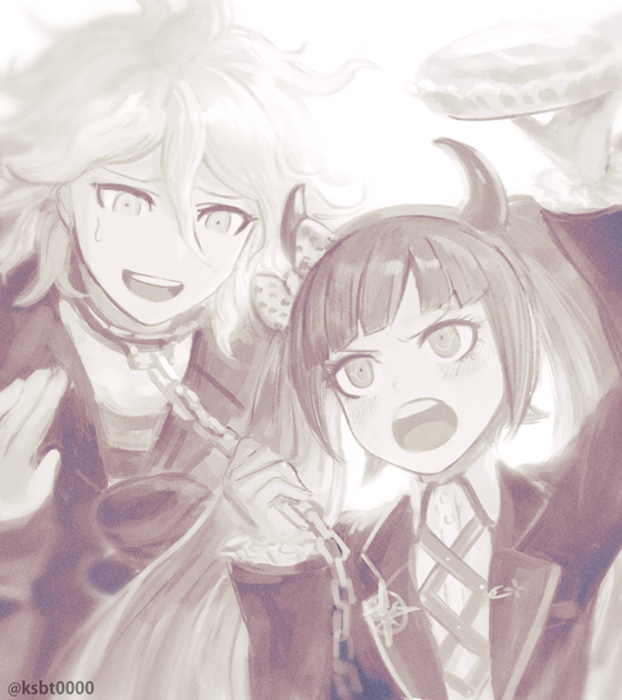 1boy 1girl :d angry blunt_bangs blush bow chain collar collared_shirt danganronpa_(series) danganronpa_another_episode:_ultra_despair_girls fake_horns food hair_bow hajime_(gitoriokawaii) holding holding_food horns jacket komaeda_nagito leash leash_pull long_hair long_sleeves looking_at_another messy_hair monochrome open_clothes open_jacket open_mouth pie polka_dot polka_dot_bow shirt smile sweatdrop teeth twintails upper_body upper_teeth_only utsugi_kotoko