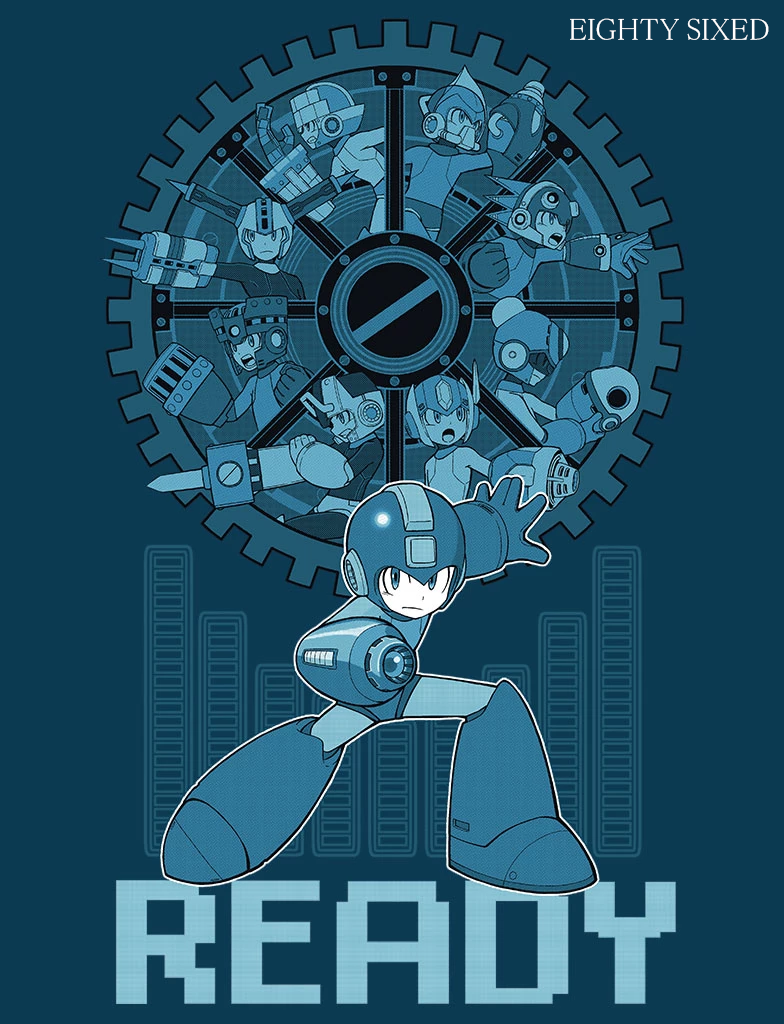 1boy acid_man alternate_costume arm_cannon blast_man block_man blue_background blue_theme bounce_man fighting_stance fuse_man impact_man kuroi_susumu male_focus mega_man_(character) mega_man_(classic) mega_man_(series) mega_man_11 open_mouth robot standing torch_man tundra_man weapon