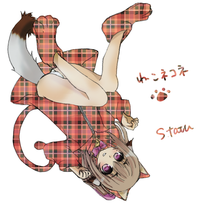 1girl animal_ears aquaplus arms_up bow bowtie brown_hair cat_ears cat_tail coat hair_between_eyes long_hair long_sleeves looking_at_viewer mole mole_under_eye nekone_(utawarerumono) panties pantyshot purple_eyes sakatattsun shoes sidelocks signature solo tail thighs underwear upside-down utawarerumono utawarerumono:_itsuwari_no_kamen white_panties wide_sleeves zipper