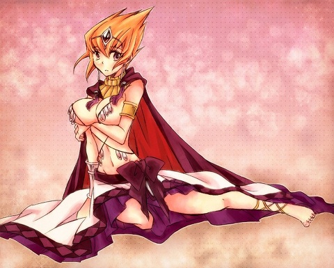 1girl barefoot breasts censored convenient_censoring feet female_focus gender_request genderswap jewelry large_breasts lots_of_jewelry lowres orange_hair prince princess purple_eyes shingetsu_rei solo topless_female vector_(yu-gi-oh!) yu-gi-oh!
