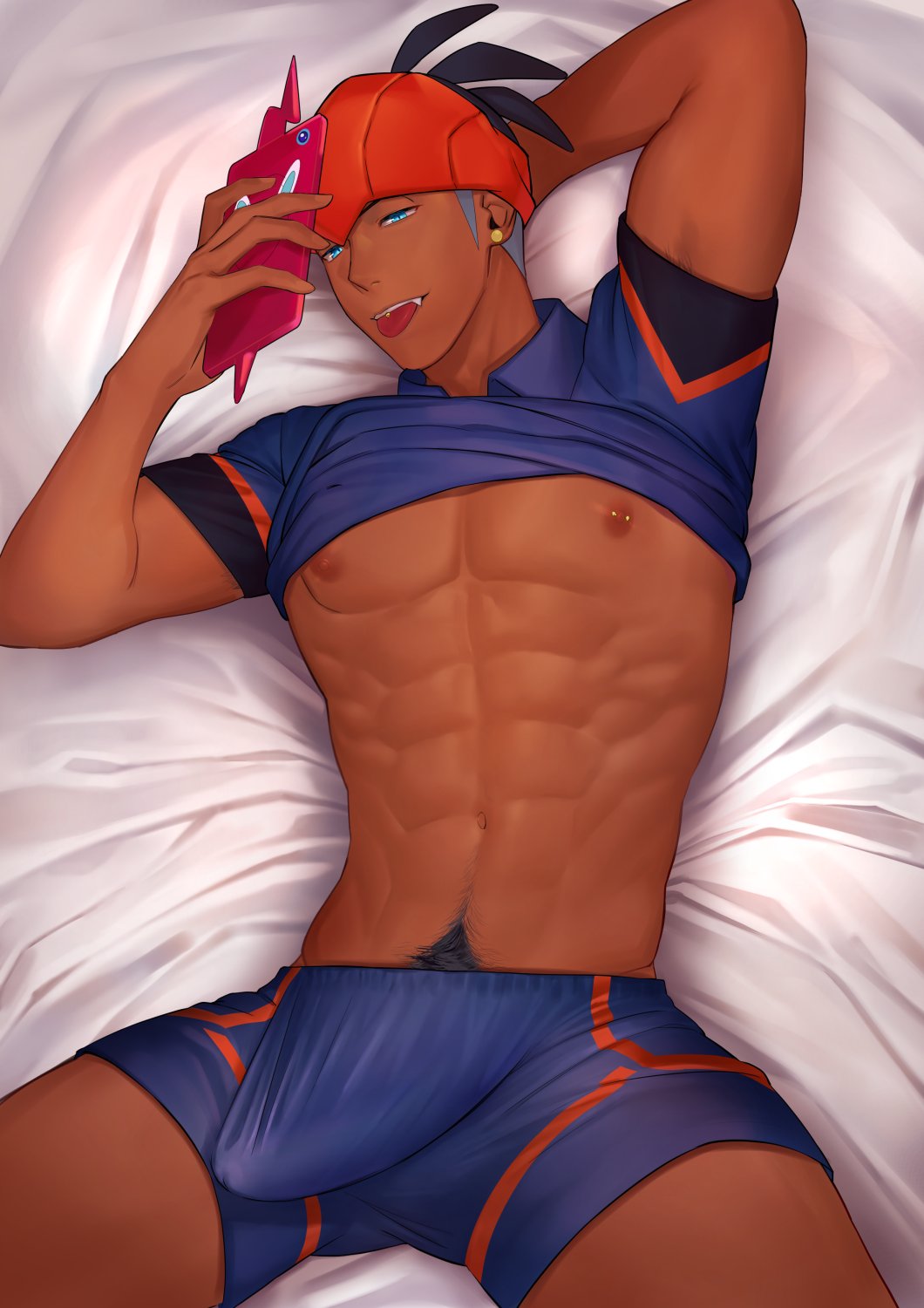 1boy abs black_hair blue_eyes blue_shorts bulge clothes_lift dark-skinned_male dark_skin earrings gen_4_pokemon highres holding holding_phone jewelry lying male_focus muscular muscular_male navel nintendo nipples open_clothes open_shirt phone pokemon pokemon_swsh pubic_hair raihan_(pokemon) rotom rotom_phone shirt_lift shorts smile solo stomach tongue tongue_out zhineart
