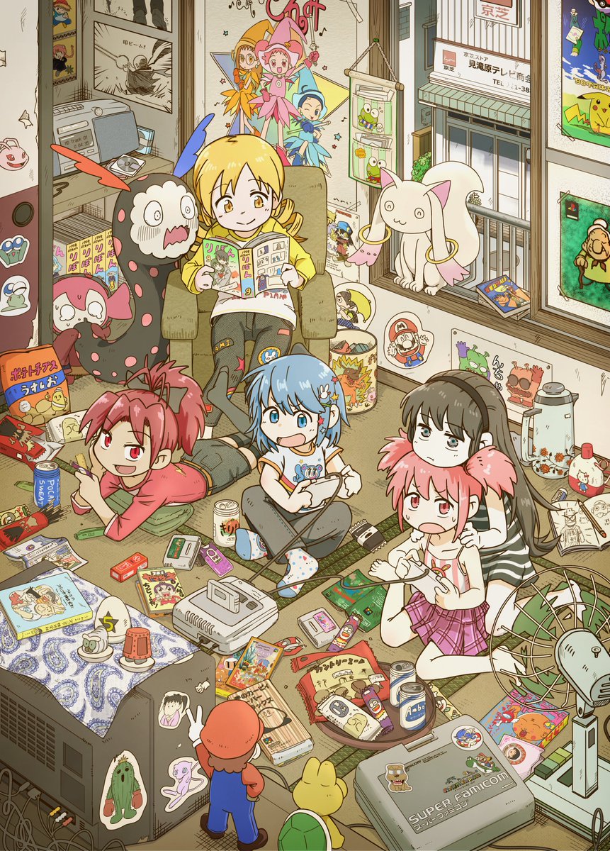 5girls absurdly_detailed_composition airpot akemi_homura bomberman_(character) book cassette_player casual character_request charlotte_(madoka_magica) chibi_maruko-chan couch country_ma&#039;am digimon digimon_(creature) digimon_adventure electric_fan figure food fujiwara_hazuki game_console gen_1_pokemon greymon gyakkuu_ou_yamazaki hanasaka_tenshi_tenten-kun harukaze_doremi hello_kitty hello_kitty_(character) highres hoshi_no_kirby_super_deluxe indoors kaname_madoka keroppi kirby kiriri_(spring_water) klonoa koopa_troopa koromon kyubey legendary_pokemon loaded_interior mahou_shoujo_madoka_magica mario mario_(series) mew_(pokemon) mewtwo miki_sayaka multiple_girls mythical_pokemon nintendo ojamajo_doremi okai_(pixiv6333) pikachu playing_games pocari_sweat pocky pokemon pokemon_(creature) poster_(object) ribon_(magazine) sakura_kyoko sakura_momoko sanrio senoo_aiko shounen_jump sonic_the_hedgehog super_bomberman super_donkey_kong super_famicom super_famicom_carrying_case tatami television tenten-kun the_great_battle_iii togemon tomoe_mami turtle yoshi