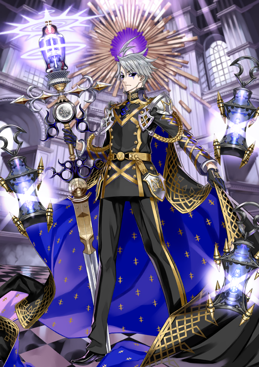 1boy ahoge aiguillette belt_buckle black_cape black_eyes black_gloves black_jacket black_pants black_shoes blue_cape buckle buttons cape cape_lift closed_mouth compass_(instrument) diffraction_spikes double-breasted expressionless fate/grand_order fate_(series) floating floating_clothes floating_object full_body game_cg gloves gold_belt grey_hair hair_between_eyes half_gloves hand_up high_collar holding holding_staff honjou_raita jacket james_moriarty_(ruler)_(fate) lantern layered_sleeves legs_apart lifting_own_clothes lightning_ahoge long_sleeves looking_at_viewer makeup male_focus official_art outstretched_arm oversized_object pants purple_background shoes short_hair solo sparkle staff standing swept_bangs third-party_source two-sided_cape two-sided_fabric variant_set