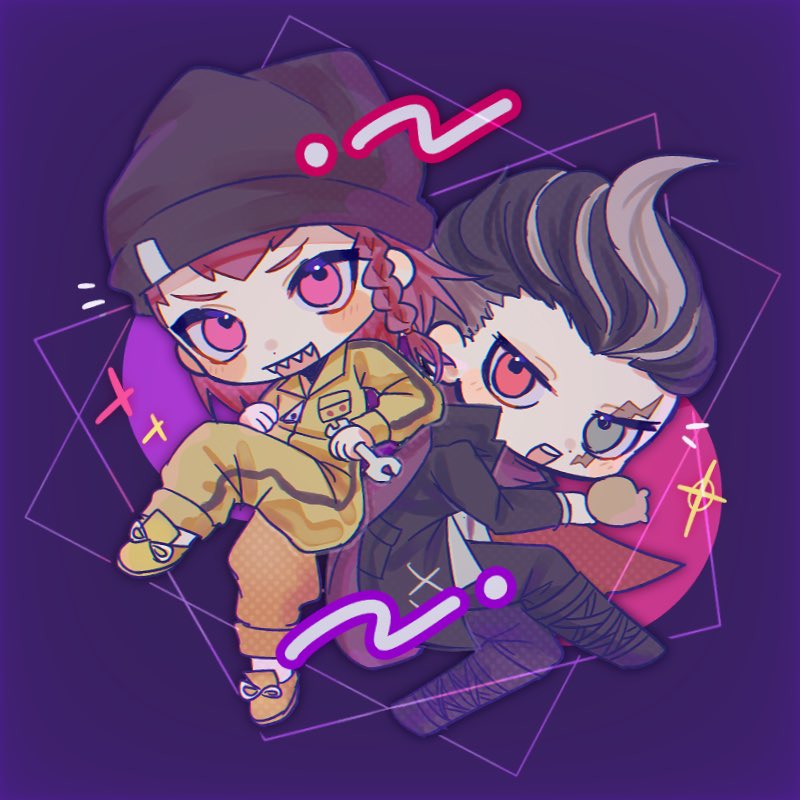 2boys back-to-back beanie black_footwear black_hair black_hat black_jacket chibi chibi_only commentary danganronpa_(series) danganronpa_2:_goodbye_despair dot_nose film_grain full_body grey_eyes grey_hair hat heterochromia holding holding_wrench jacket looking_at_viewer male_focus multicolored_hair multiple_boys nemu_o open_mouth pants pink_eyes pink_hair purple_background red_eyes scar scar_across_eye scar_on_face sharp_teeth shoes short_hair simple_background smile soda_kazuichi sparkle streaked_hair tanaka_gundham teeth two-tone_hair upper_teeth_only wrench yellow_jacket yellow_pants yellow_shoes