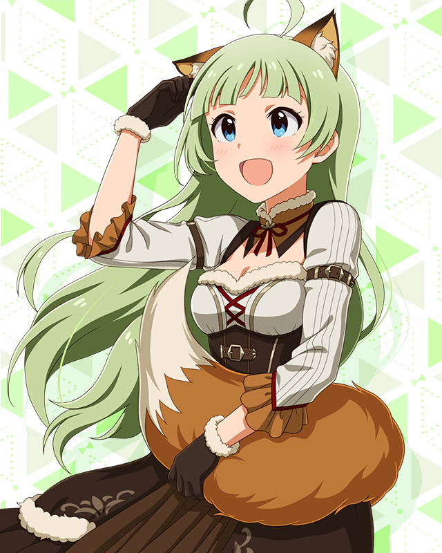 1girl :d ahoge animal_ear_fluff animal_ears blue_eyes blunt_bangs blush bodice breasts brown_dress brown_gloves cleavage detached_collar dirndl dot_nose dress eyelashes fake_animal_ears fox_ears fox_tail frilled_sleeves frills fur-trimmed_collar fur-trimmed_gloves fur_trim german_clothes gloves green_hair hand_up holding_own_tail idolmaster idolmaster_million_live! idolmaster_million_live!_theater_days konkon_comfort_(idolmaster) long_hair looking_up medium_breasts neck_ribbon official_alternate_costume official_art open_mouth ribbon shimabara_elena shirt sidelocks sleeveless sleeveless_dress three-quarter_sleeves smile solo tail triangle_background underbust wavy_hair white_shirt