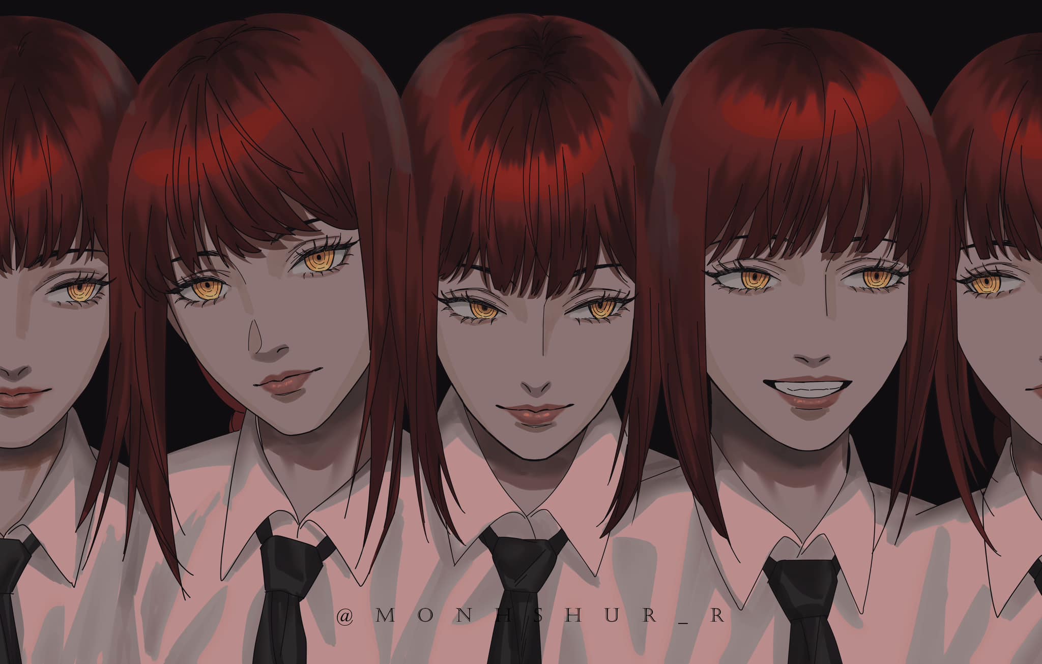 1girl black_necktie braid braided_ponytail chainsaw_man commentary facebook_username grin hashtag-only_commentary highres makima_(chainsaw_man) monhshur_r necktie orange_eyes pink_lips red_hair shirt sidelocks single_braid smile white_shirt
