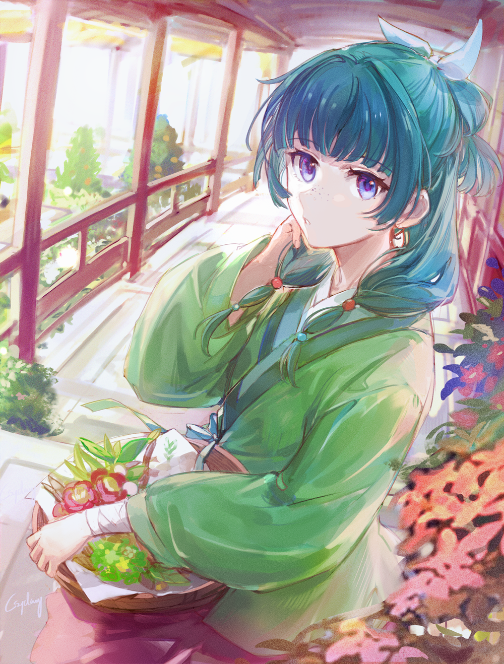 1girl aoqun architecture artist_name basket beads blue_eyes chinese_clothes commentary_request csyday day east_asian_architecture freckles green_hair green_hanfu hair_beads hair_ornament hand_up hanfu highres holding holding_basket holding_own_hair kusuriya_no_hitorigoto long_hair long_sleeves looking_at_viewer looking_to_the_side maomao_(kusuriya_no_hitorigoto) parted_lips plant revision signature solo sunlight twintails