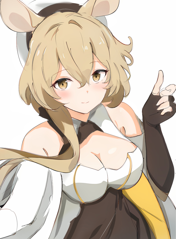 1girl animal_ears arknights bare_shoulders blonde_hair blush breasts brown_gloves cleavage closed_mouth commentary dorothy_(arknights) elbow_gloves fingerless_gloves gloves hair_between_eyes hat long_hair looking_at_viewer medium_breasts raifu_(rf) simple_background sketch smile solo white_background white_hat yellow_eyes