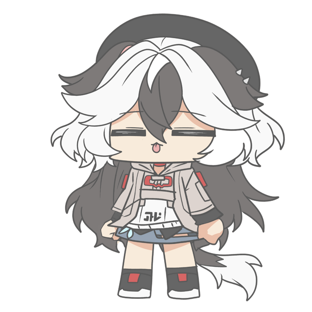 1girl beret black_hair black_hat black_shoes black_socks chibi closed_eyes coralie_6626_planck coralie_6626_planck_(valkyrie_blastmetal) facing_viewer full_body grey_jacket grey_skirt hair_between_eyes hat honkai_(series) honkai_impact_3rd jacket long_hair multicolored_hair nabeiro_kin shirt shoes simple_background skirt socks solo standing tail tongue tongue_out two-tone_hair very_long_hair white_background white_hair white_shirt