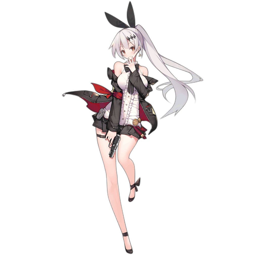 1girl bare_shoulders black_bow black_bowtie blouse bow bowtie breasts brown_eyes damaged detached_sleeves earrings five-seven_(girls&#039;_frontline) fn_five-seven full_body girls&#039;_frontline gun hair_ornament hair_ribbon handgun holding holding_gun holding_weapon huaji jacket jewelry large_breasts long_hair looking_at_viewer microskirt off_shoulder official_art pdw-caliber_pistol pleated_skirt ponytail rabbit_hair_ornament ribbon shirt skirt smile solo suisai_(suisao) transparent_background weapon white_hair