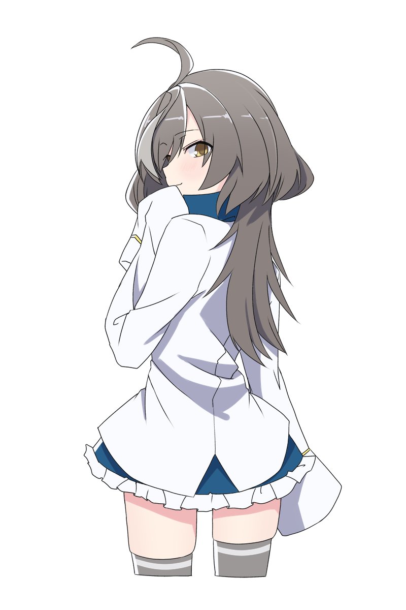 1girl ahoge arm_at_side assault_lily asymmetrical_legwear blue_skirt closed_mouth commentary cowboy_shot cropped_legs frilled_skirt frills from_behind grey_hair grey_thighhighs gumoyu hand_to_own_mouth herensuge_girls_academy_school_uniform highres jacket light_blush light_smile long_hair long_sleeves looking_at_viewer looking_back miniskirt multicolored_hair sasaki_ran school_uniform simple_background skirt sleeves_past_fingers sleeves_past_wrists solo standing streaked_hair thighhighs uneven_legwear white_background white_jacket yellow_eyes zettai_ryouiki
