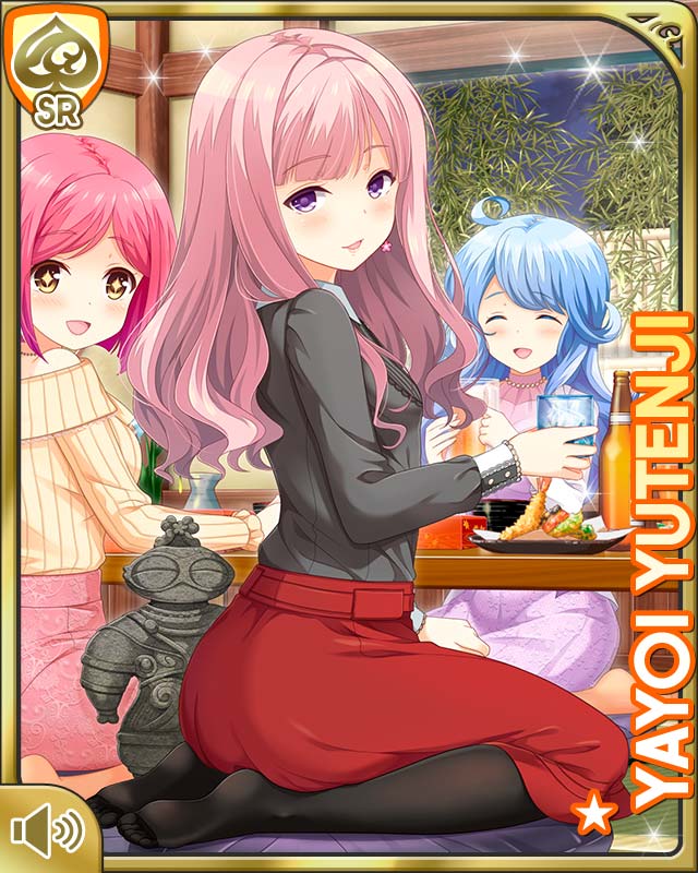 3girls :d alcohol ass beer breasts card chair character_name closed_eyes dress gift girlfriend_(kari) indoors jewelry kneeling looking_at_viewer medium_breasts medium_hair multiple_girls necklace night office official_art open_mouth pink_hair purple_eyes qp:flapper red_dress shirt smile table tachibana_kyouko_(girlfriend_(kari)) tagme teacher yutenji_yayoi