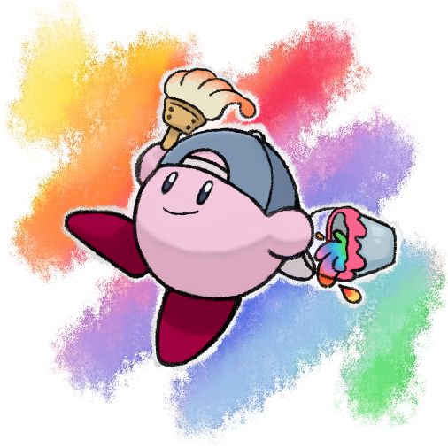 baseball_cap bucket hari_(kureon) hat kirby kirby_(series) nintendo no_humans paint paint_kirby paintbrush rainbow rainbow_background smile solo trim_brush