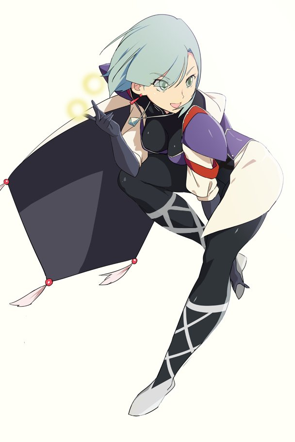 1girl blue_eyes blue_hair bodystocking breasts cape gloves grandia grandia_i jewelry leen_(grandia) necklace open_mouth shino_(comic_penguin_club) short_hair simple_background smile solo