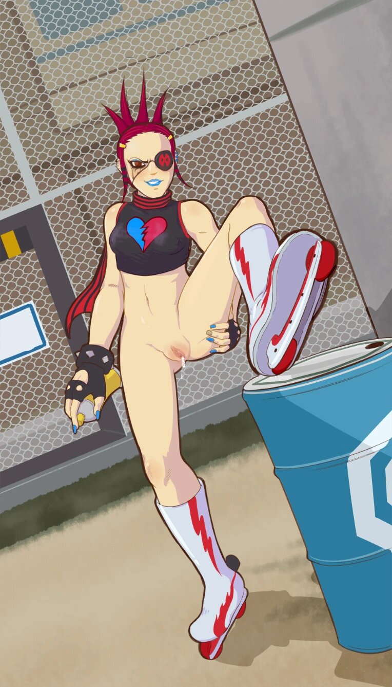 1girl body_blush bottomless breasts chain-link_fence cum cum_in_pussy cumdrip eyepatch fence fingerless_gloves forehead gloves gluteal_fold highres jet_set_radio leg_up lipstick love_shockers makeup medium_breasts midriff nail_polish navel piercing pink_hair presenting_pussy pussy roller_skates scarf sega skates smile spiked_hair spray_can spread_legs standing standing_on_one_leg stitchword thighs