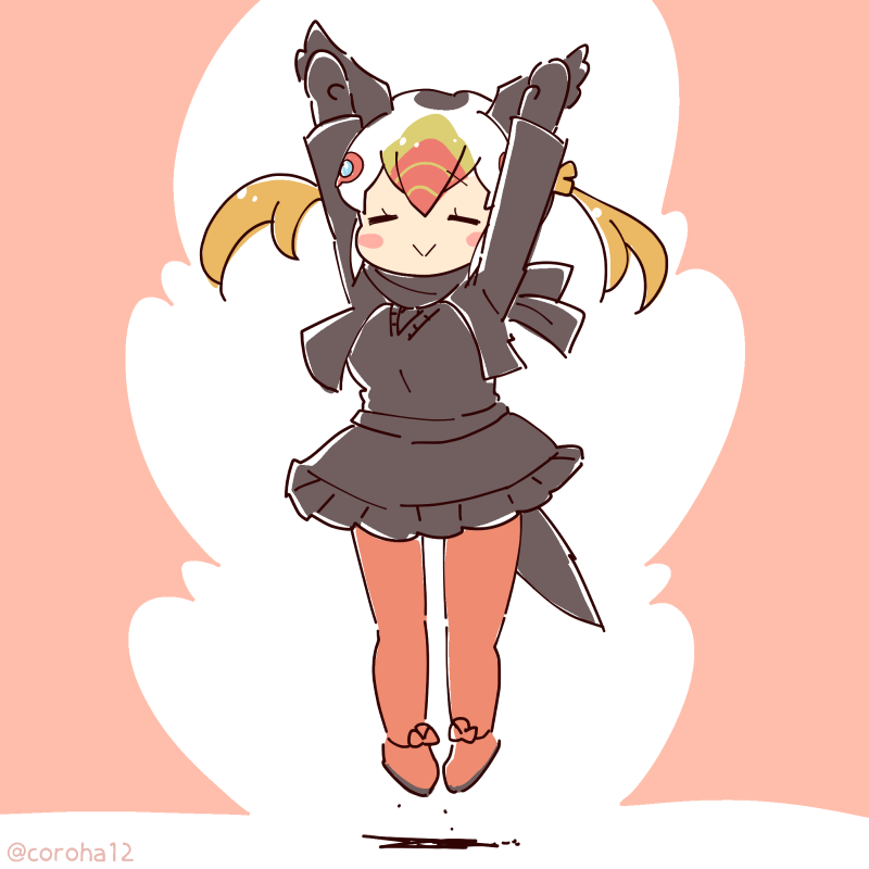 1girl arms_up bird_girl bird_tail bird_wings blazer coroha feathered_wings full_body gloves head_wings jacket jumping kemono_friends kemono_friends_3 long_hair looking_at_viewer multicolored_hair pantyhose pink_background scarf shoes simple_background skirt solo sweater_vest tail thighhighs tufted_puffin_(kemono_friends) white_hair wings