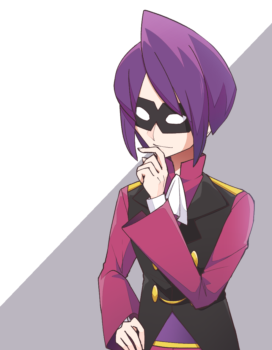1boy ascot black_vest closed_mouth commentary_request domino_mask hachijuu_suzume hand_on_own_hip hand_up long_sleeves looking_down male_focus mask nintendo pokemon pokemon_hgss purple_hair shirt short_hair thinking two-tone_background upper_body vest white_ascot will_(pokemon)