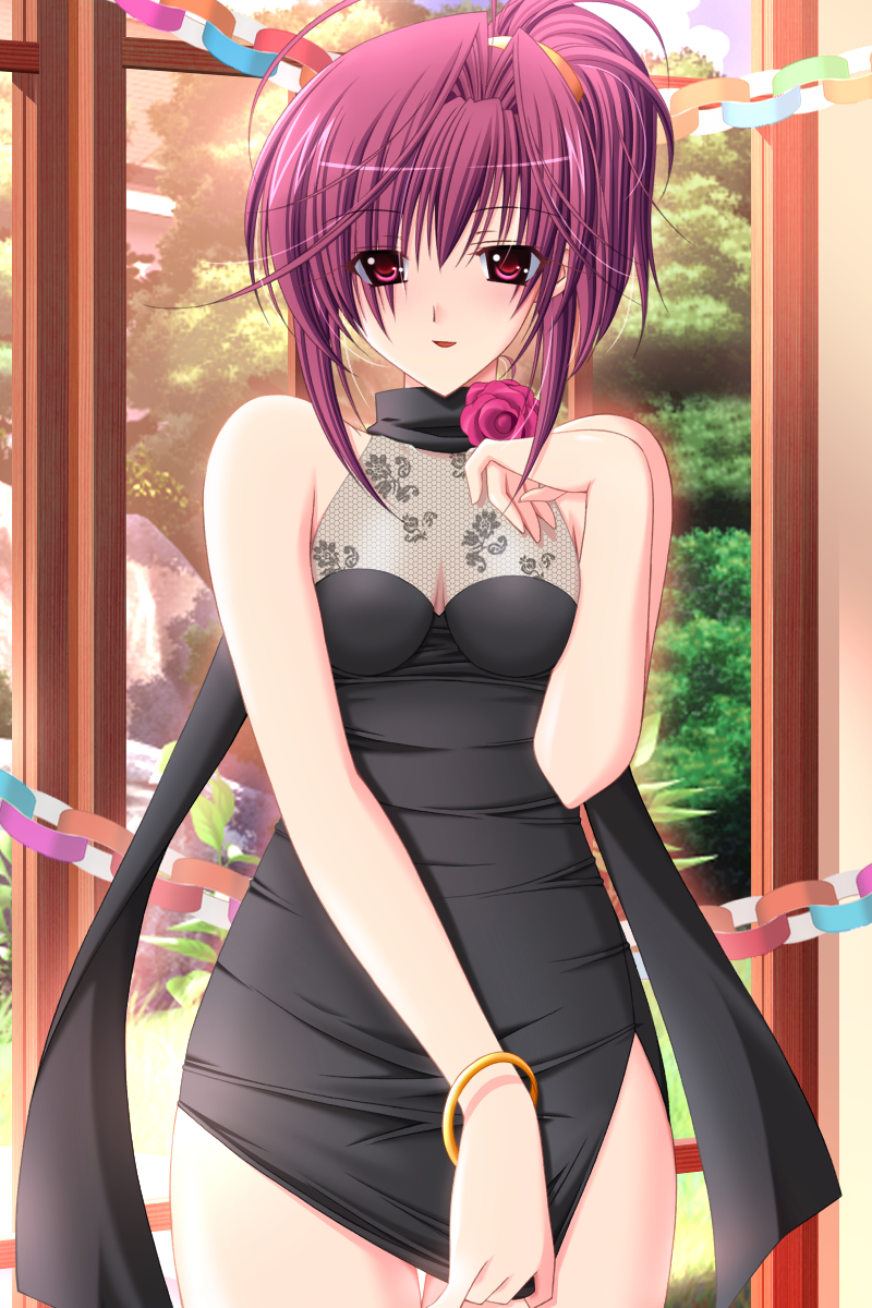1girl amemiya_amane arm_up black_dress black_scarf breasts choco_chip choker cleavage dress flower game_cg highres kateikyoushi_no_onee-san medium_breasts ponytail purple_flower purple_hair purple_rose red_eyes rose scarf smile solo thighs