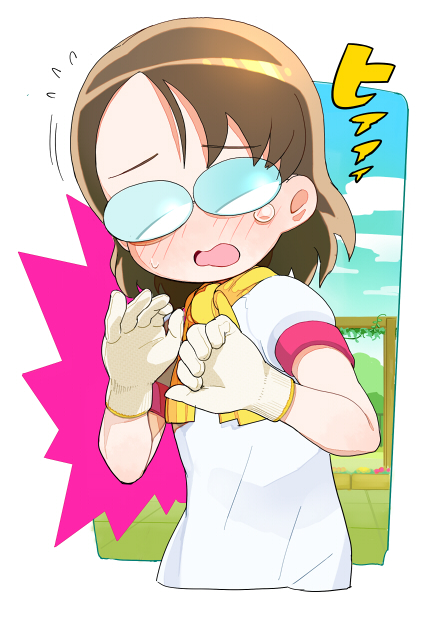 1girl asymmetrical_bangs blue_sky blush border brown_hair cropped_torso facing_viewer flying_sweatdrops frown furrowed_brow glasses gloves hands_up heartcatch_precure! medium_hair mizushima_aya moudoku_(decopon3rd) opaque_glasses open_mouth outdoors outside_border precure scared shirt short_sleeves sky solo tearing_up towel towel_around_neck translation_request trellis upper_body white_border white_gloves white_shirt work_gloves