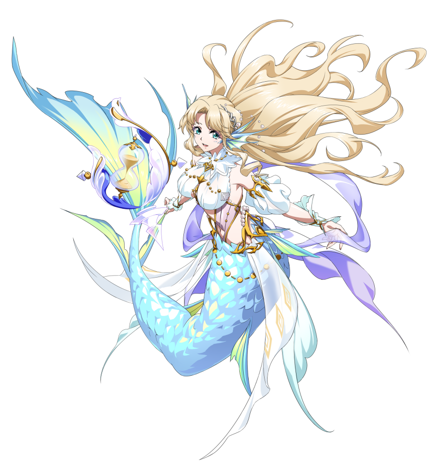 1girl air_bubble aqua_eyes bare_shoulders beads blonde_hair breasts bubble center_opening clothing_cutout covered_navel curtained_hair detached_sleeves fins fish_tail floating floating_hair floating_object full_body game_cg gem gold_beads hair_ornament head_fins hourglass jewelry langrisser langrisser_mobile large_breasts long_hair long_sidelocks looking_at_viewer mermaid monster_girl navel necklace nymph_(langrisser) official_art open_mouth pearl_(gemstone) puffy_sleeves sash see-through_clothes see-through_shawl shawl shirt sidelocks simple_background sleeveless sleeveless_shirt smile solo standing tachi-e tail third-party_source transparent_background very_long_hair waist_sash white_shirt white_sleeves wrist_wrap