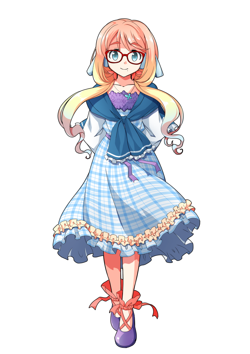 1girl ankle_lace-up arms_behind_back blonde_hair blue_dress blue_eyes closed_mouth collarbone commentary_request dairi dress female_focus frilled_dress frills full_body glasses gradient_hair hair_ornament haruno_sora jewelry long_hair long_sleeves looking_at_viewer mole mole_under_mouth multicolored_hair orange_hair pendant plaid_clothes plaid_dress purple_footwear red-framed_eyewear red_ribbon ribbon smile solo standing straight-on tachi-e transparent_background vocaloid voiceroid