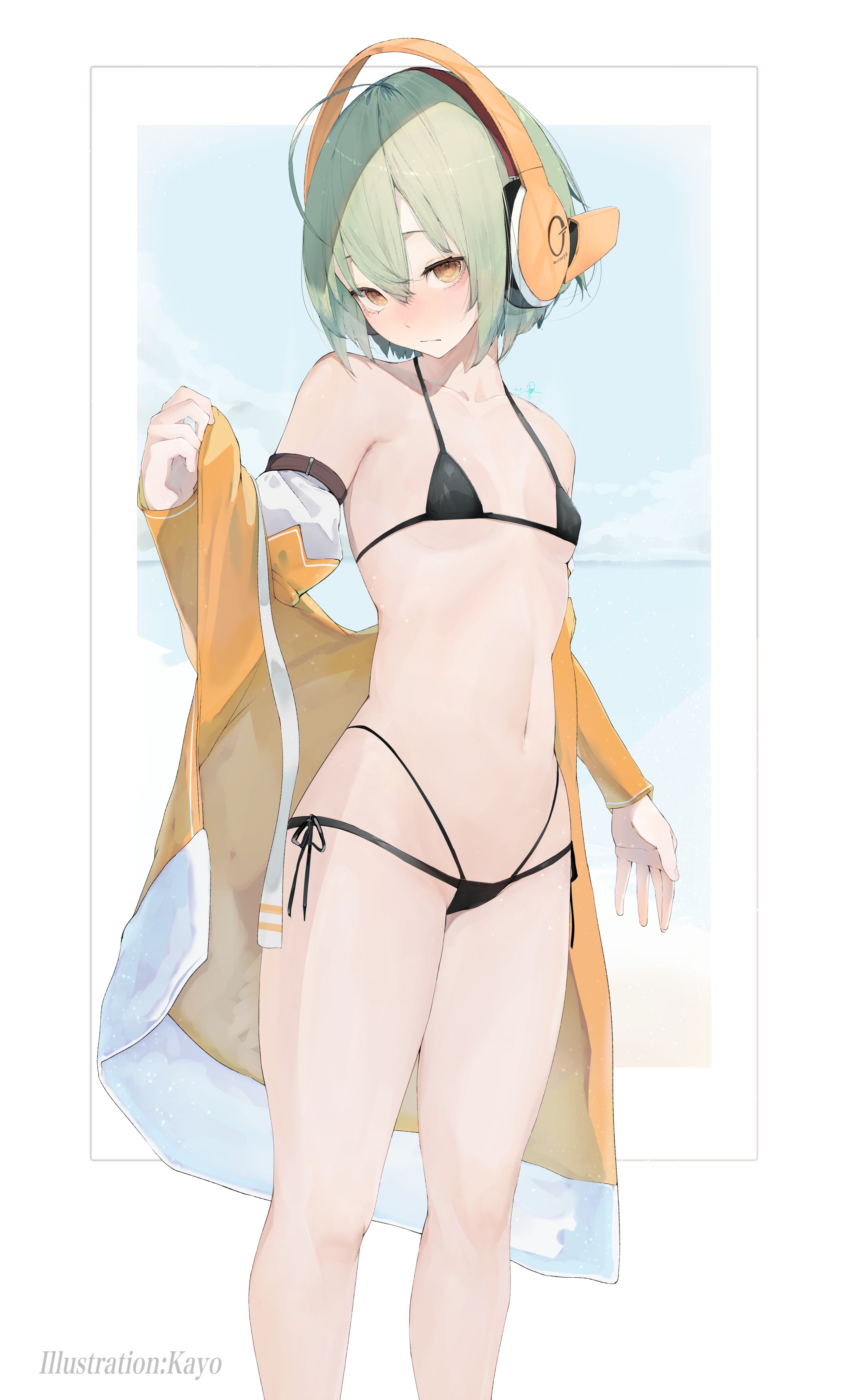 1girl absurdres ahoge bikini black_bikini blush breasts chunithm closed_mouth coat grey_hair headphones highres kisaragi_yaya navel off_shoulder ribs short_hair side-tie_bikini_bottom sky_feather_(chunithm) small_breasts solo swimsuit thighs