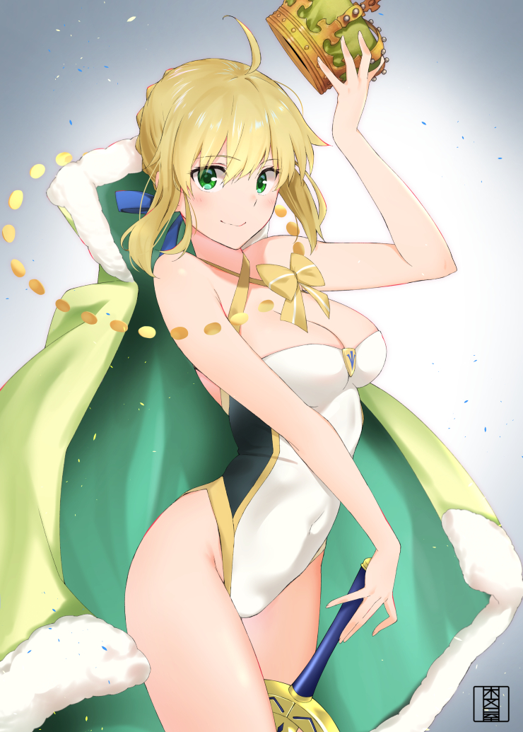 1girl ahoge artist_logo artoria_pendragon_(fate) artoria_pendragon_(swimsuit_archer)_(fate) artoria_pendragon_(swimsuit_archer)_(third_ascension)_(fate) blonde_hair breasts cape casual_one-piece_swimsuit commentary_request cowboy_shot crown fate/grand_order fate_(series) female_focus fur-trimmed_cape fur_trim gradient_background green_crown green_eyes grey_background logo looking_at_viewer medium_breasts murio one-piece_swimsuit solo strapless strapless_one-piece_swimsuit swimsuit sword weapon white_one-piece_swimsuit