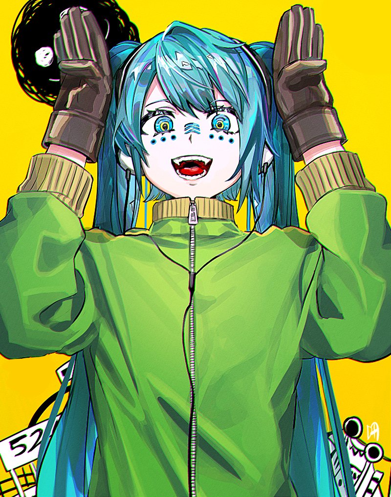 1girl blue_hair brown_gloves collared_jacket commentary daenarys english_commentary facial_mark film_grain gloves green_jacket hands_up hatsune_miku headphones jacket long_hair long_sleeves looking_at_viewer matryoshka_(vocaloid) multicolored_eyes open_mouth ringed_eyes smile smiley_face solo straight-on track_jacket twintails upper_body very_long_hair vocaloid yellow_background zipper_pull_tab